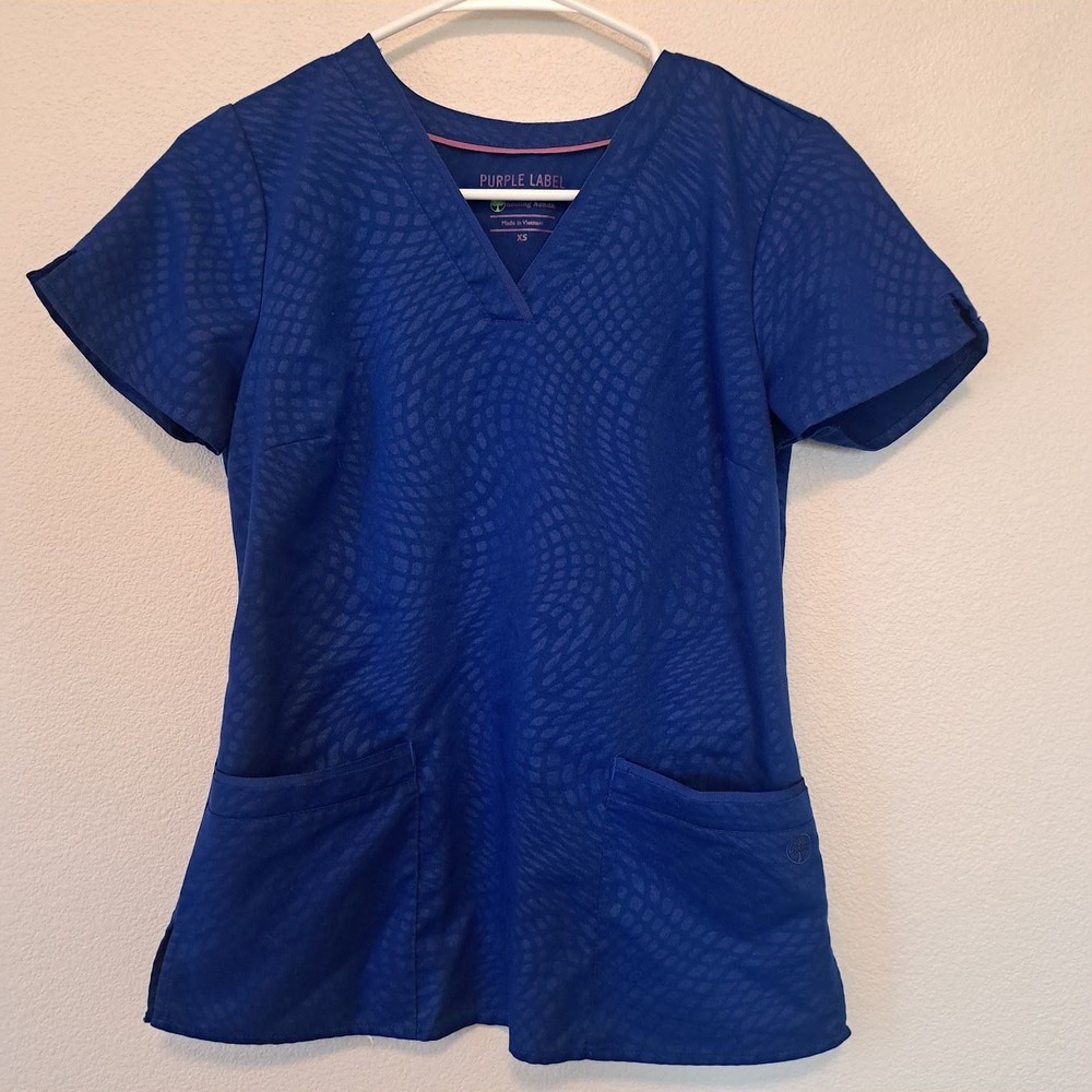 Healing Hands Purple Label Royal Blue Wave Dot V-Neck Scrub Top XS RN96502